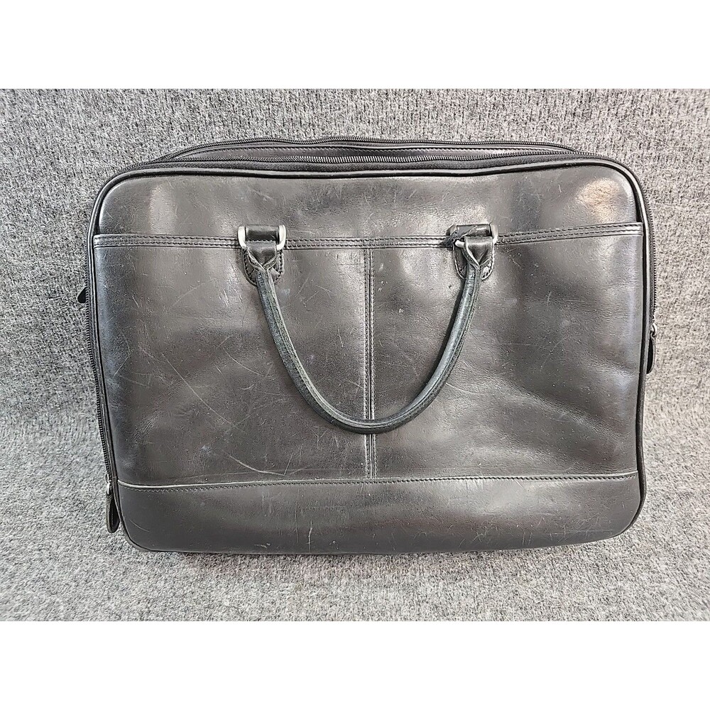 L.L. BEAN Black Leather Briefcase Laptop Bag Zip Top Handles 16x12